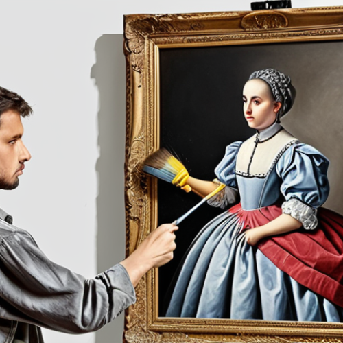 Home 11 **A painter with a limited color palette painting a picture, demonstrating the concept of quantization in AI models.**
