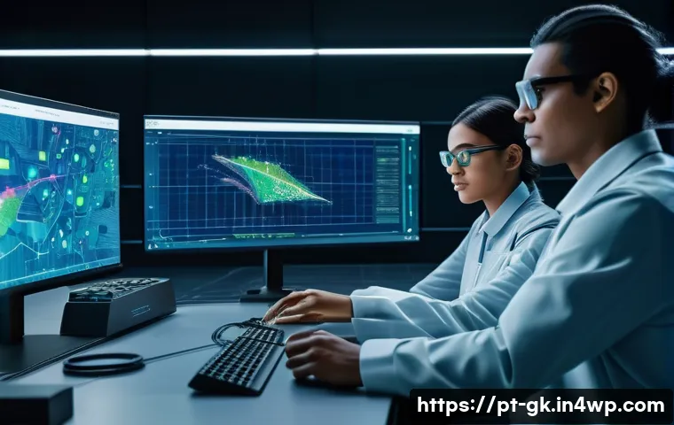 Transformer 아키텍처의 안전성 분석 - A futuristic research laboratory scene focused on advanced Transformer AI models, featuring diverse ...