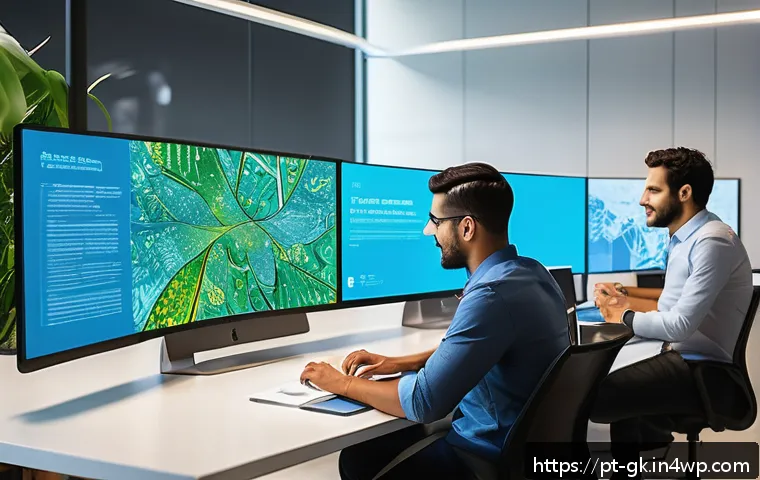 Transformer 아키텍처와 NLP의 미래 - A detailed digital illustration of a modern workspace featuring a diverse group of Brazilian profess...